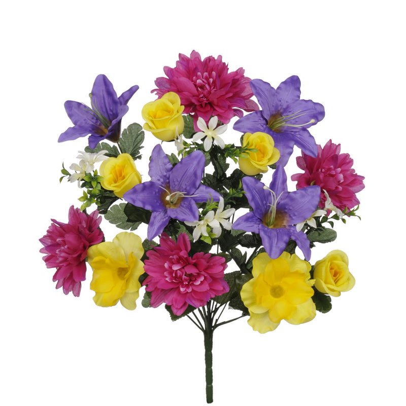 Artificial 22" Yellow/Purple/Fuchsia Dahlia/Tiger Lily/Rose Bush - House of Silk Flowers®
