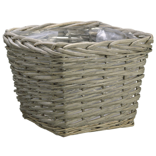 Grey wicker square basket with plastic liner for decor or storage