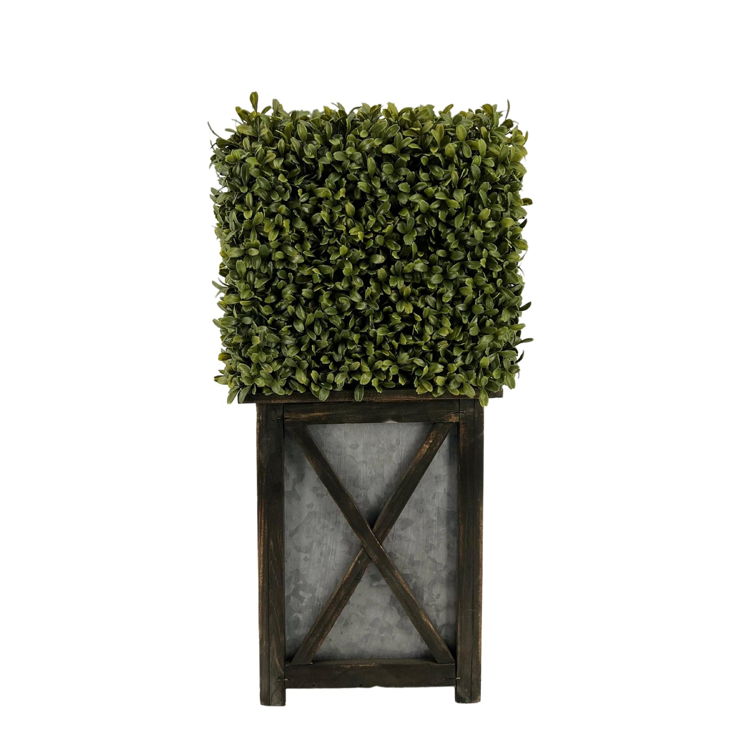 Faux Boxwood Square Topiary in Crisscross Stout Wood/Metal