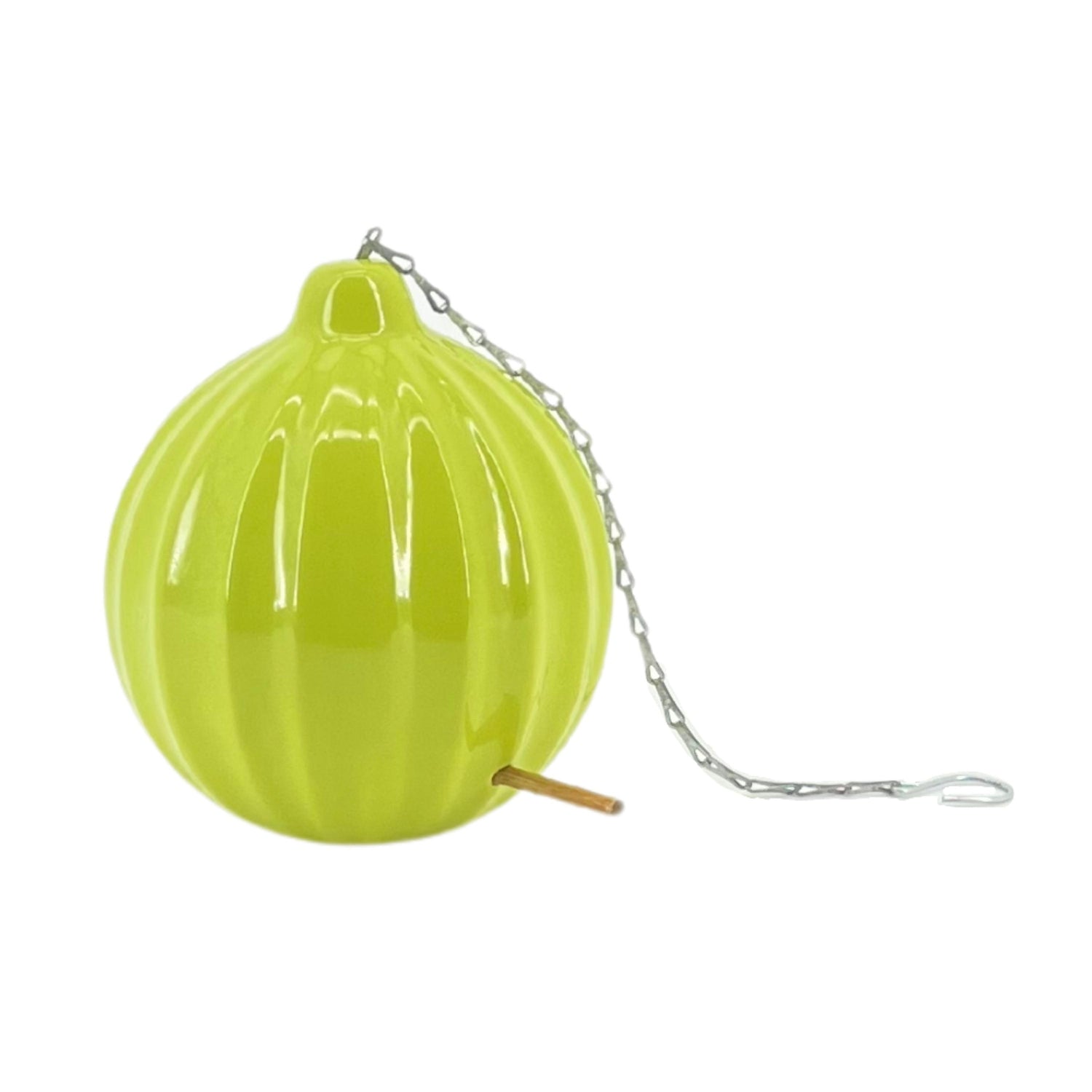 A green ceramic round ruffled birdhouse with a metal chain and hook for hanging.