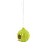 A green ceramic round ruffled birdhouse with a metal chain and hook for hanging.