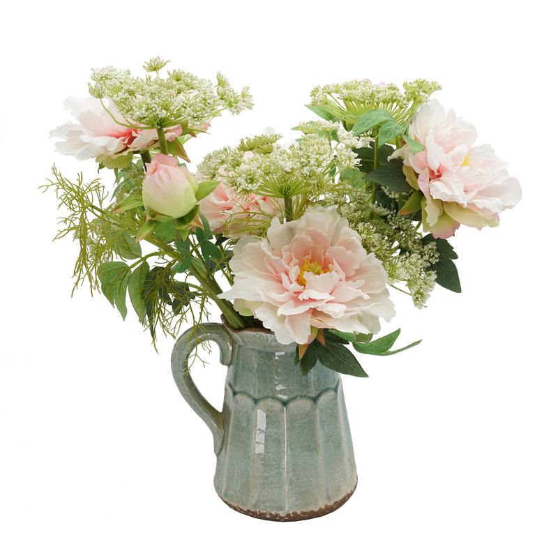 Shabby Chic® Pink Peony and Queen Anne's Lace in Teal Ceramic Pitcher