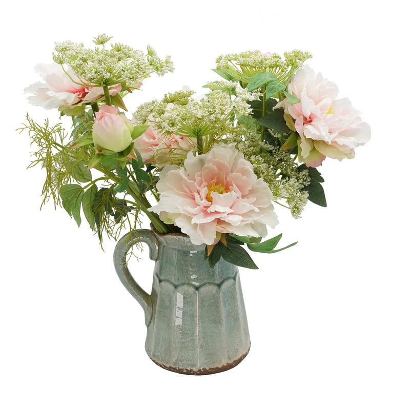Shabby Chic® Pink Peony and Queen Anne's Lace in Teal Ceramic Pitcher