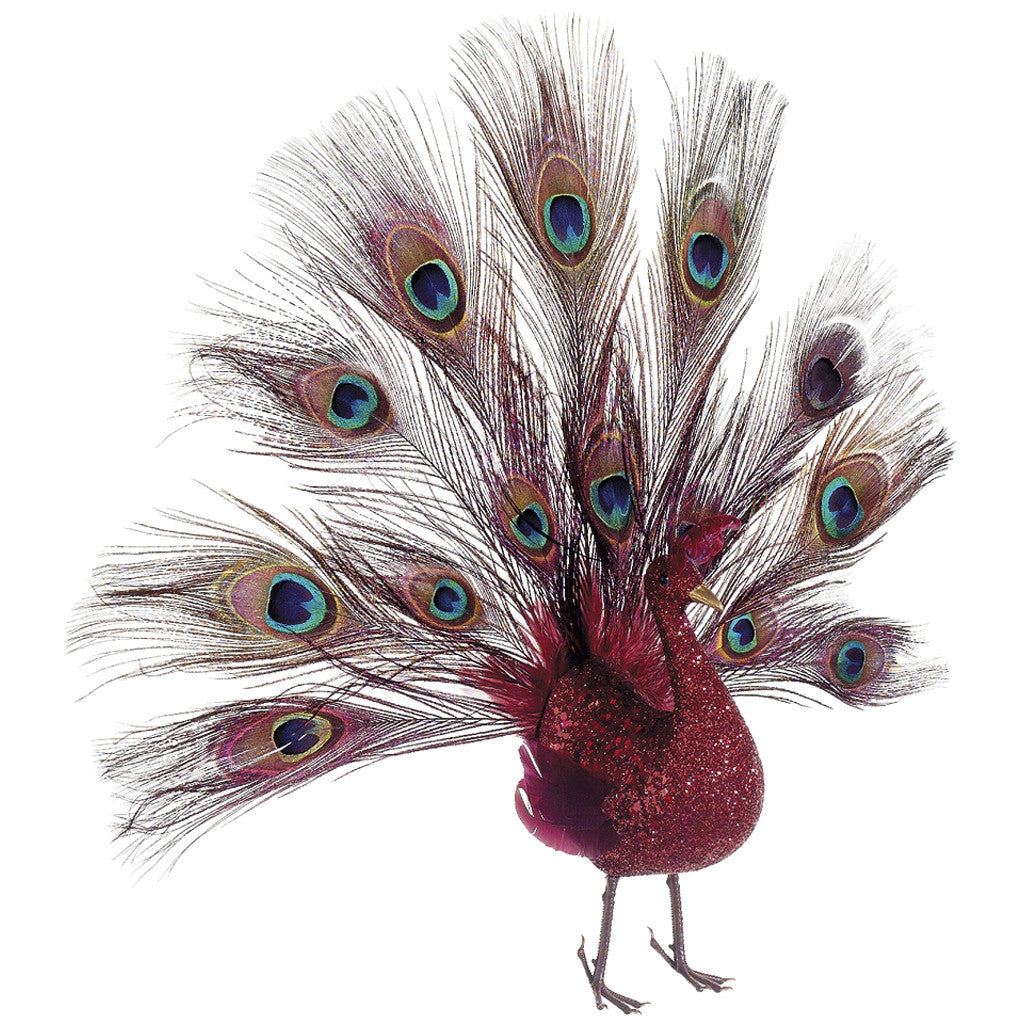 Decorative Glittered Red 16" Open-Tail Peacock - House of Silk Flowers®
