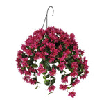 Hanging basket with violet flowers on a white background