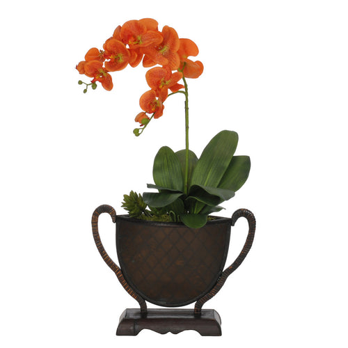 Artificial Orange Double-Stem Phalaenopsis Orchid in Rattan Vase - House of Silk Flowers®

