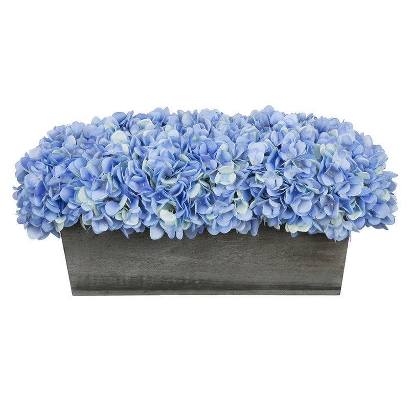 Artificial Blue Hydrangea in Grey-Washed Wood Ledge
