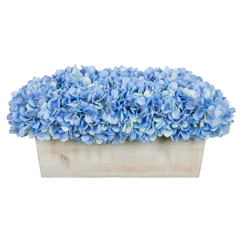 Artificial Hydrangea in White-Washed Wood Ledge blue