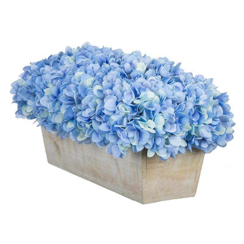 Artificial Hydrangea in White-Washed Wood Ledge blue