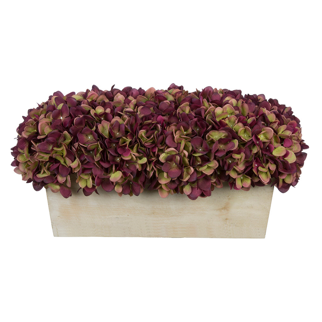 Artificial Hydrangea in White-Washed Wood Ledge plum