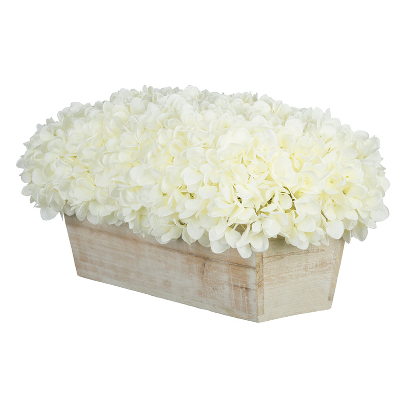 Artificial Hydrangea in White-Washed Wood Ledge white