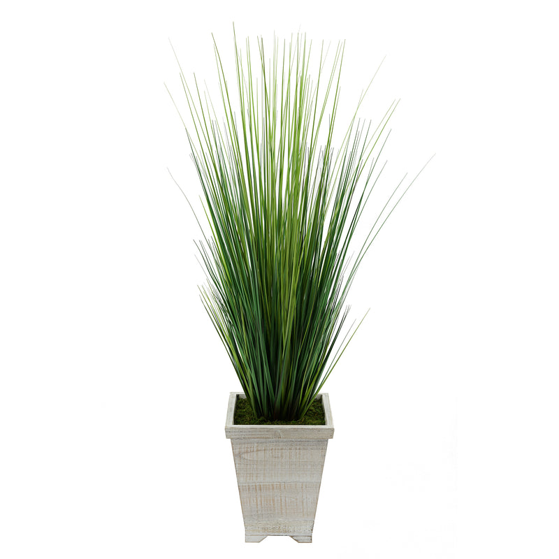 Artificial 4-foot PVC Grass in Washed Wood Planter