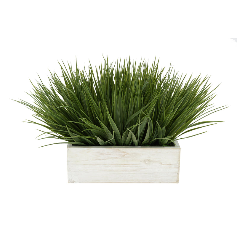 Artificial Green Farm Grass in 9" White Washed Wood Trough