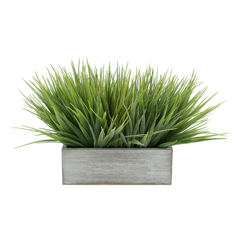 Artificial Frosted Farm Grass in 9" Grey Washed Wood Trough