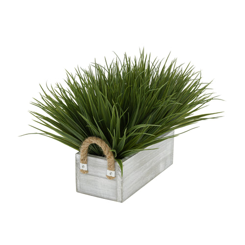 Artificial Green Farm Grass in 9" Grey-Washed Wood Trough with Rope Handles