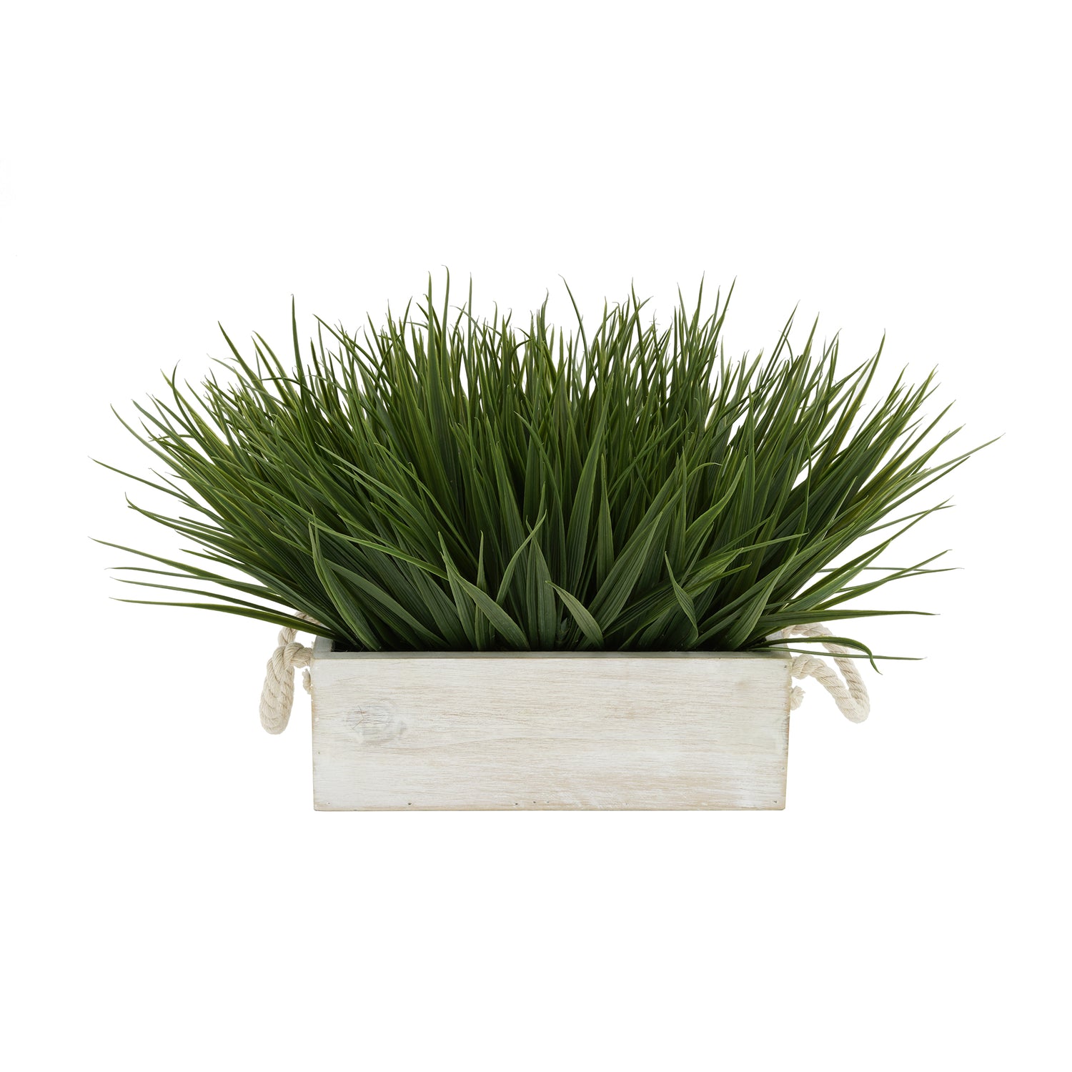 Artificial Green Farm Grass in 9" White-Washed Wood Trough with Rope Handles