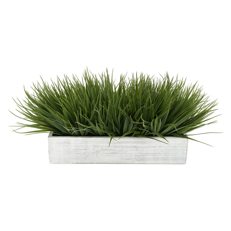 Artificial Green Farm Grass in 15" Grey Washed Wood Trough
