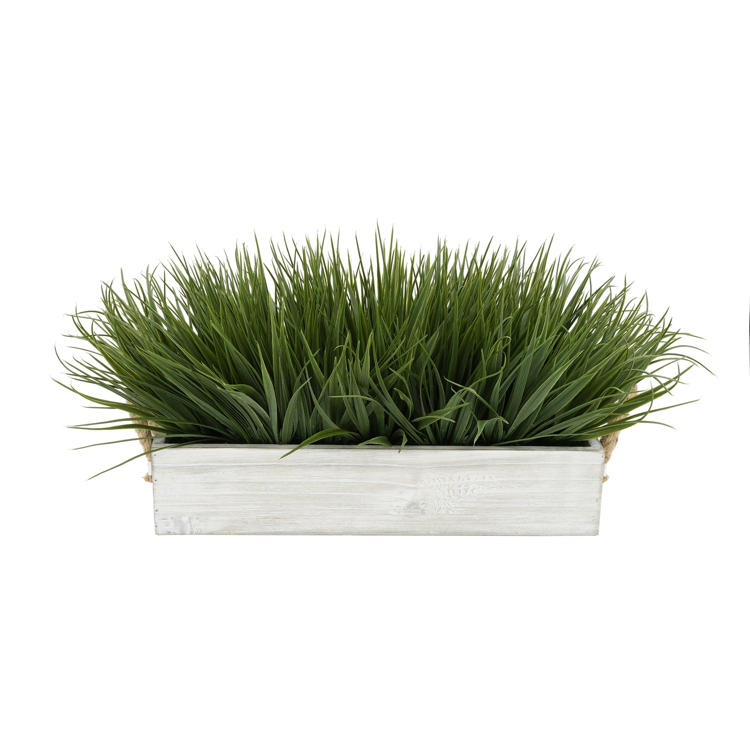 Artificial Green Farm Grass in 15" Grey Washed Wood Trough with Rope Handles House of Silk Flowers®