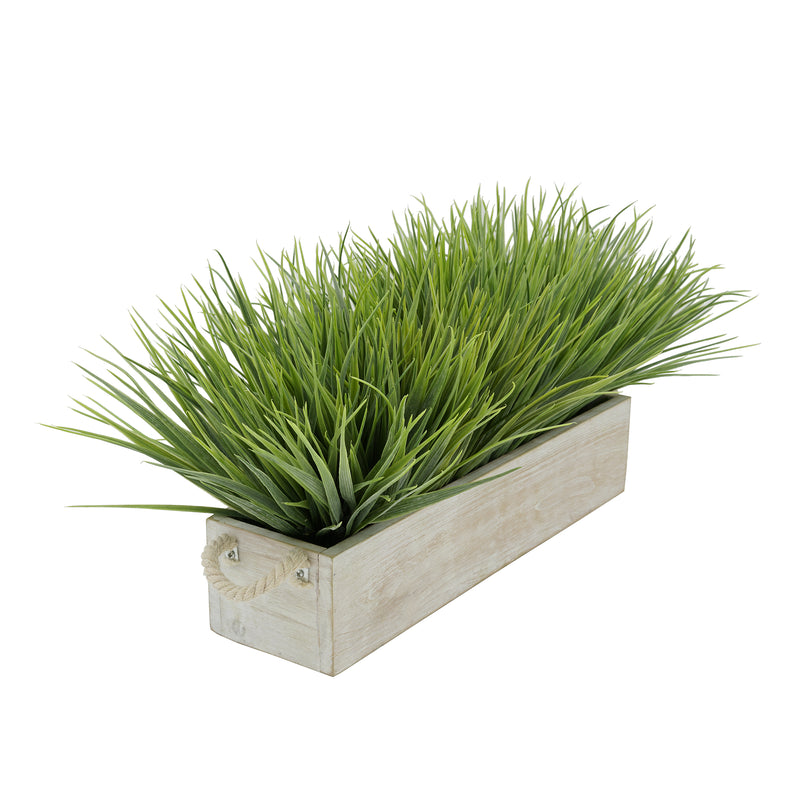 Artificial Frosted Farm Grass in 15" White-Washed Wood Trough with Rope Handles