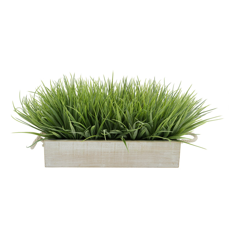 Artificial Frosted Farm Grass in 15" White-Washed Wood Trough with Rope Handles
