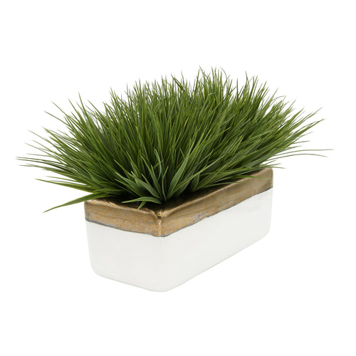 Artificial Green Farm Grass in 14" Gold/White Ceramic House of Silk Flowers®