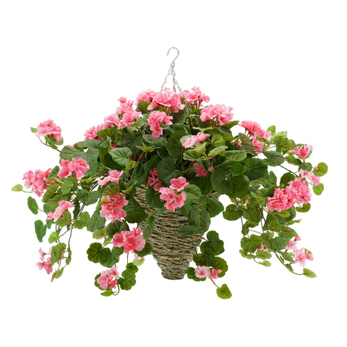 Artificial Pink Geranium in Hanging Basket