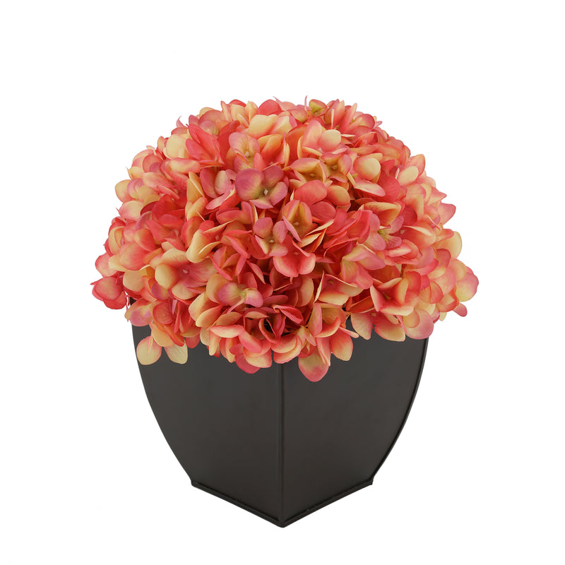 Artificial Hydrangea in Matte Brown Tapered Zinc Cube coral