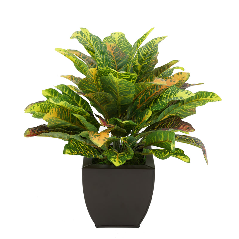 Faux Croton Houseplant in Matte Brown Tapered Zinc Pot