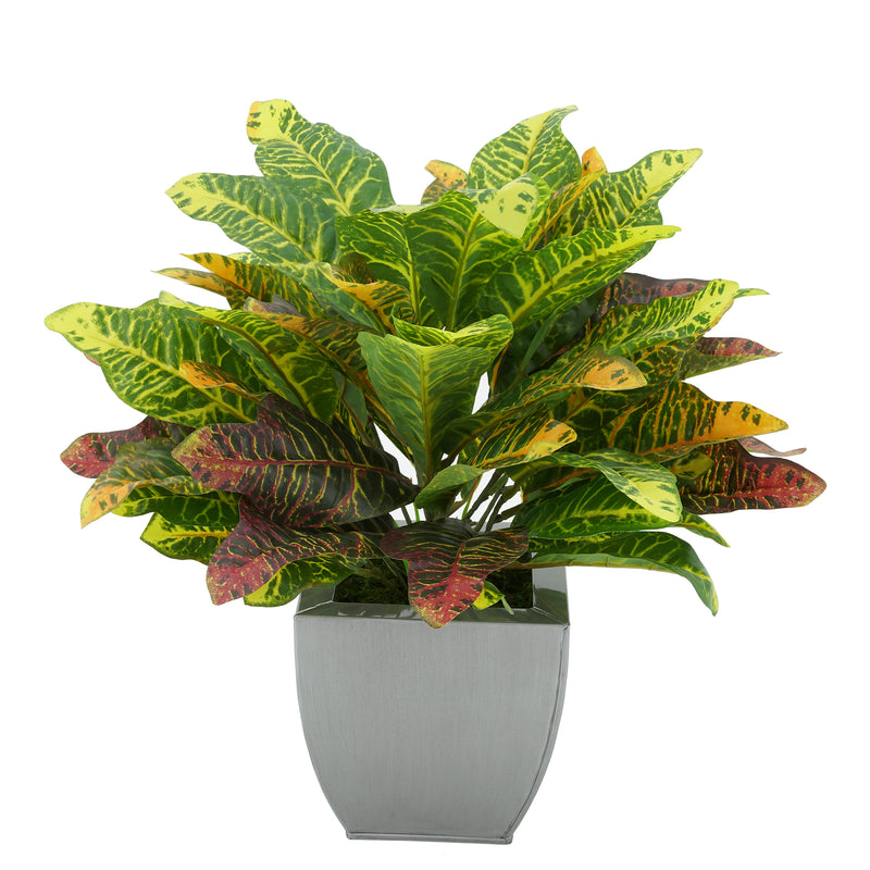 Faux Croton Houseplant in Silver Tapered Zinc Pot