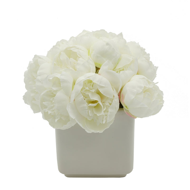 Faux Peonies in Large White Ceramic Vase