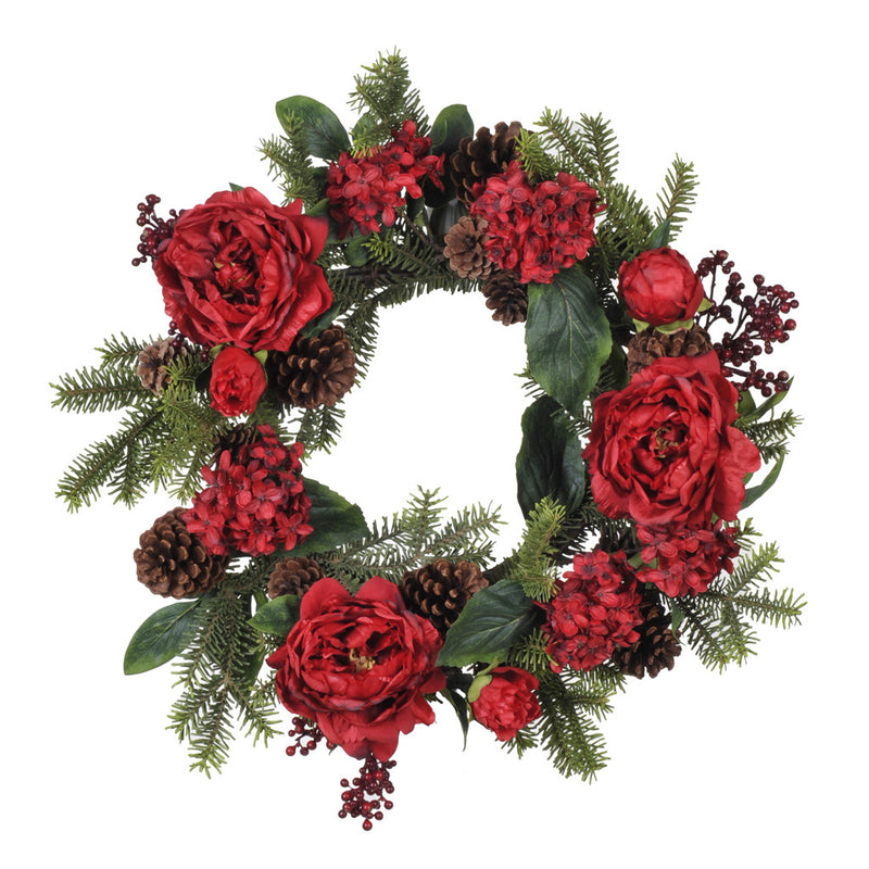 22" Red Peony/Hydrangea/Berry/Pine Wreath - House of Silk Flowers®

