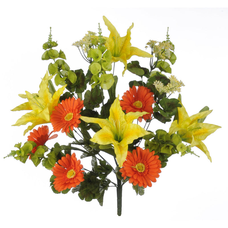 Artificial 25" Orange/Yellow/Green Gerbera/Tiger Lily/Ireland Bells Bush - House of Silk Flowers®

