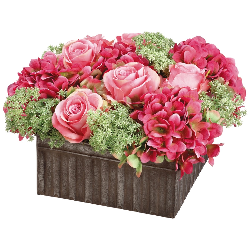 Artificial Pink Roses and Hydrangea in Square Distressed Tin Box