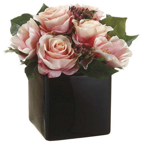 Artificial Pink Rose/Anemone/Viburnum Berry in Ceramic Vase - House of Silk Flowers®
