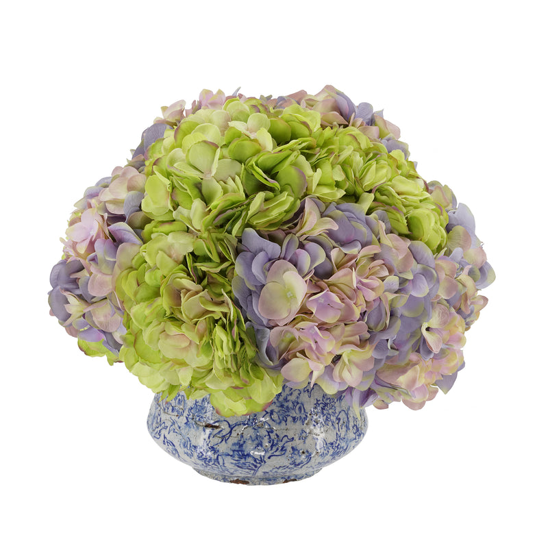 Lavender and Green Hydrangea in Blue/White Toile Ceramic
